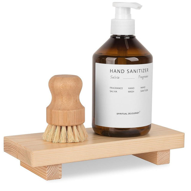 Bathroom Counter Organizer Wood Pedestal Stand Farmhouse Decorative Tray Soap Holder for Kitchen Decor, Small, Burlywood