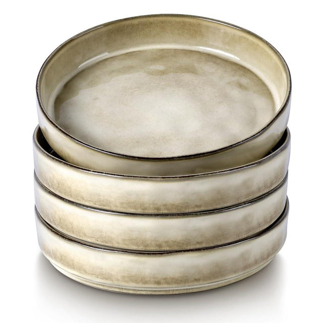 LIANYU Pasta Bowls Plates, 8.25’’ Large Salad Bowl Set of 4, Stoneware Round Shallow Dinner Bowls for Meal, Ceramic Serving Bowl Plate for Cereal, Soup, Dishwasher & Microwave Safe, Sandy Beige