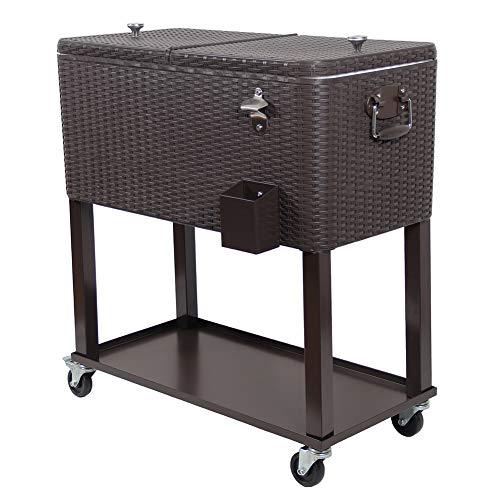UPHA 80 Quart Rolling Outdoor Patio Cooler Cart on Wheels, Wicker Pattern Portable Drink Beverage Bar for Patio Pool Party, Ice Chest with Shelf and Bottle Opener, Brown