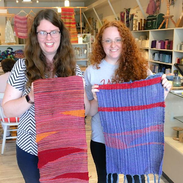 Cassie & McKayla at Three Sheep, learning to weave on looms.