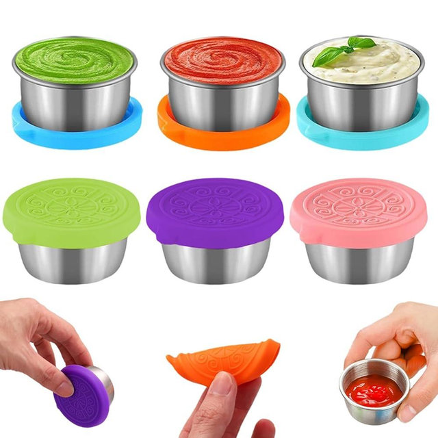 GATUDE 6 PCS Condiment Containers with Lids, Salad Dressing Container To Go, Small Reusable Stainless Steel Sauce Containers For Lunch Boxes Picnics Travel Meal Prep Kitchen Storage (1.6oz)