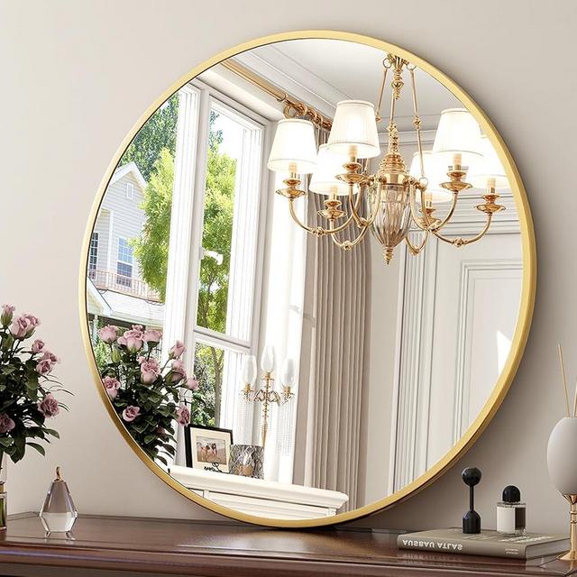 XRAMFY 30 Inch Round Mirror - Circle Mirrors for Bathroom, Entryway and Living Room Wall Decor, Modern Hanging Vanity Mirror, Matte Gold Circle Decorative Wall Mirror