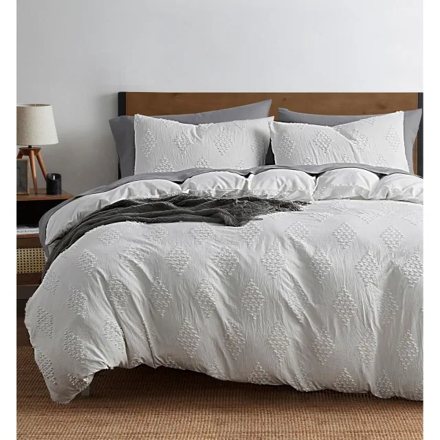 Nestl 3 Piece Tufted Boho Duvet Cover, Queen Size Textured Duvet Cover Set with Zipper Closure - White