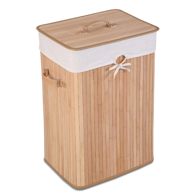 Costway Rectangle Bamboo Hamper Laundry Basket Washing Cloth Bin Bag Lid Natural