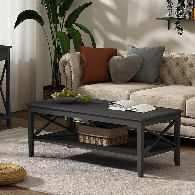 ChooChoo Oxford Coffee Table with Thicker Legs, Black Wood Coffee Table with Storage for Living Room, 47 inch