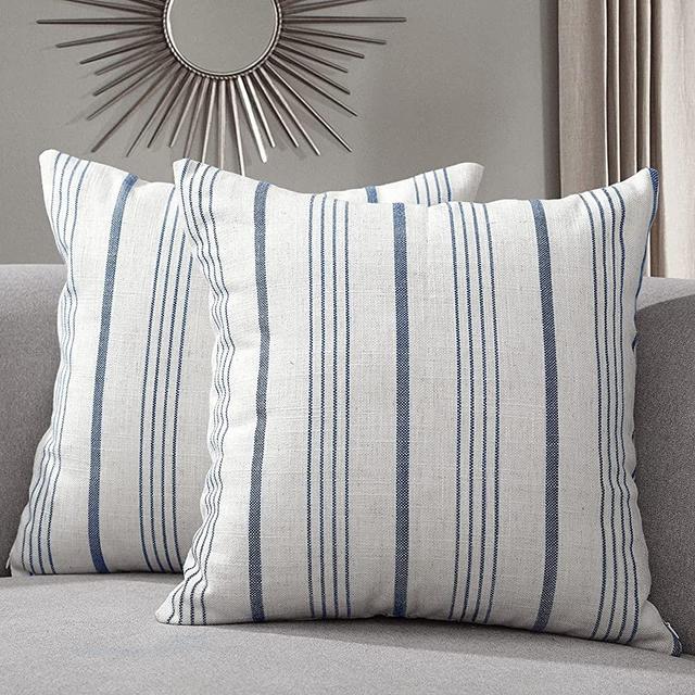 Sunlit Decorative Throw Pillow Case Cushion Covers, Modern Accent Square Pillow Cover, 20" x 20", Set of 2 White with Blue Stripes Textured Linen Throw Pillow Case for Sofa Couch Chair Bedroom