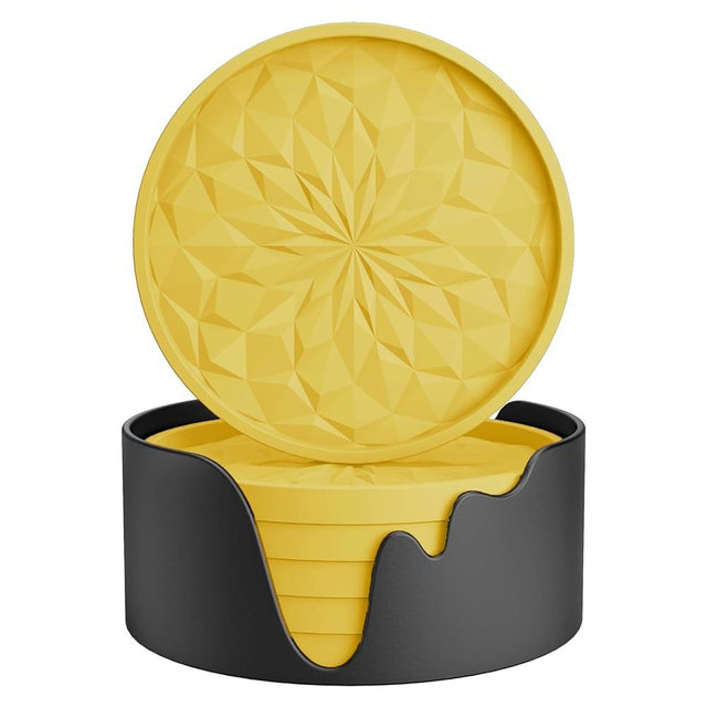 Silicone Coasters [6 Pack] ME.FAN Coasters with Holder - Drinking Coasters - Cup Mat for Drinks - Live for Hot or Cold Drink Thickened, Non-Slip, Non-Stick, Deep Tray Yellow