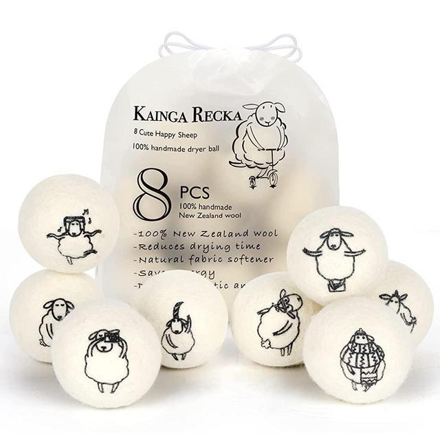 Wool Dryer Balls, 8PCS Dryer Balls with Happy Sheep - Natural & Organic, 100% New Zealand Wool Handmade, Chemical-Free Reusable Laundry Balls, Anti-Static Reduce Wrinkles and Save Time