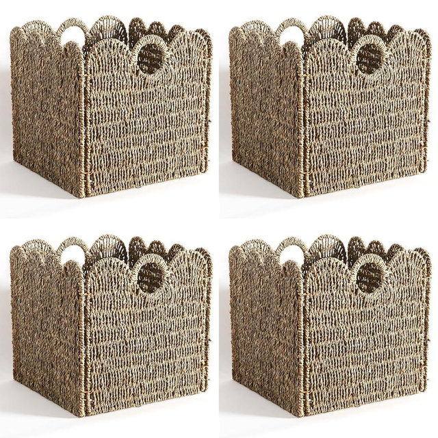 Scalloped Wicker Storage Cubes Basket, 12”x12“ Heavy Duty Paper rope/Hyacinth/Seagrass Baskets for Shelves, Foldable Natural Boho Square Bins (Seagrass, 12 x 12 x 12in, 4-Pack)