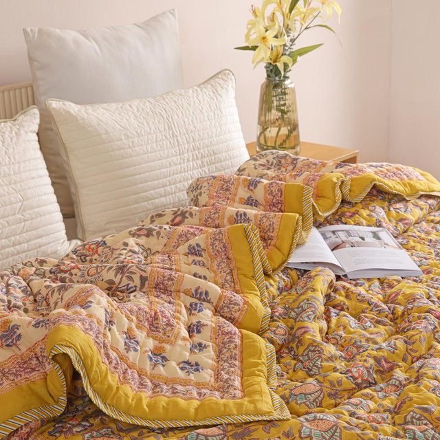 Handmade Golden Ochre Floral Quilt, Hand Block Printed Cotton Queen Bedspread, Boho Bedroom Decor, Yellow Throw Blanket, Luxury Bedding