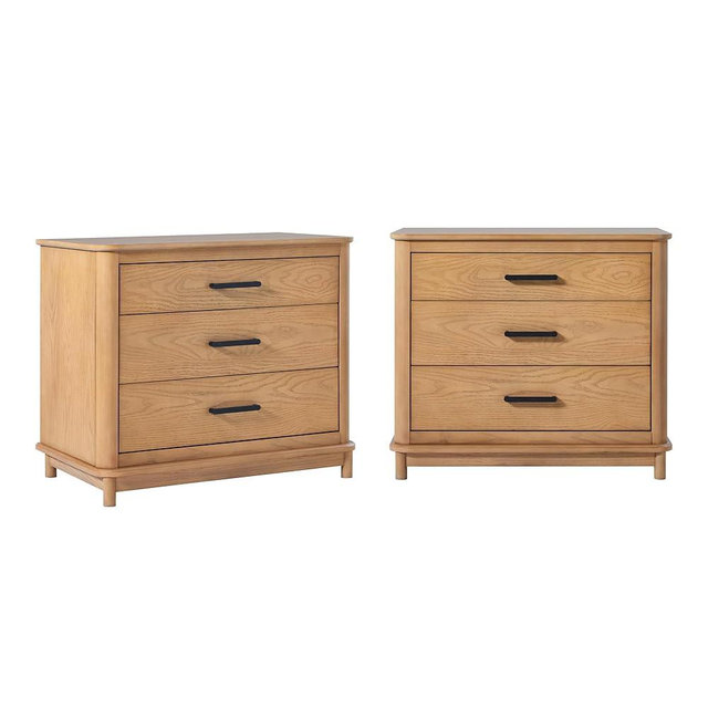Walker Edison 2-Piece Contemporary 3-Drawer Wood Nightstand, Solid Red Oak Veneer, Ultra-Easy Drawer Assembly, Storage Chest for Bedroom, Brass Hardware, Set of 2, English Oak