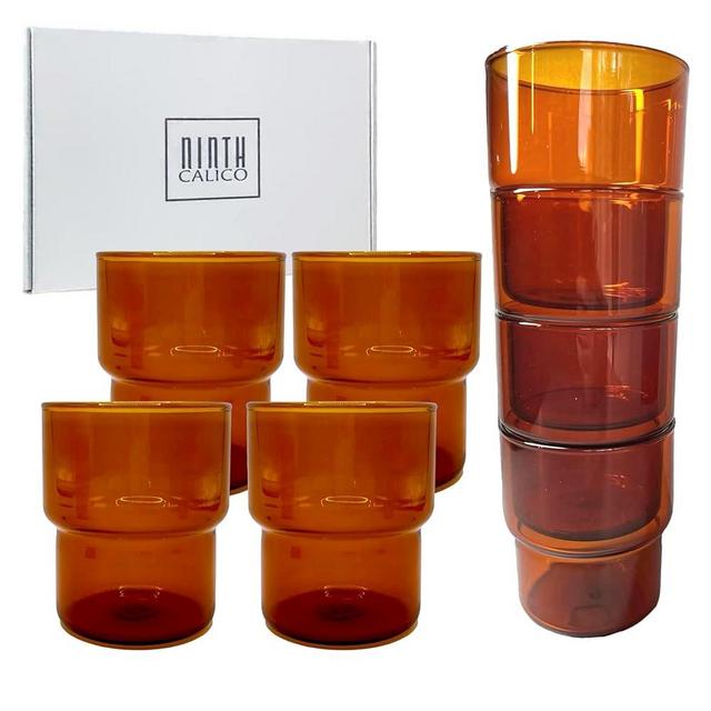 Ninth Calico Stackable 4-Piece Glass Set – Colored Drinking Cups, Lead-Free and Cadmium Free Glass (Amber, Tall)