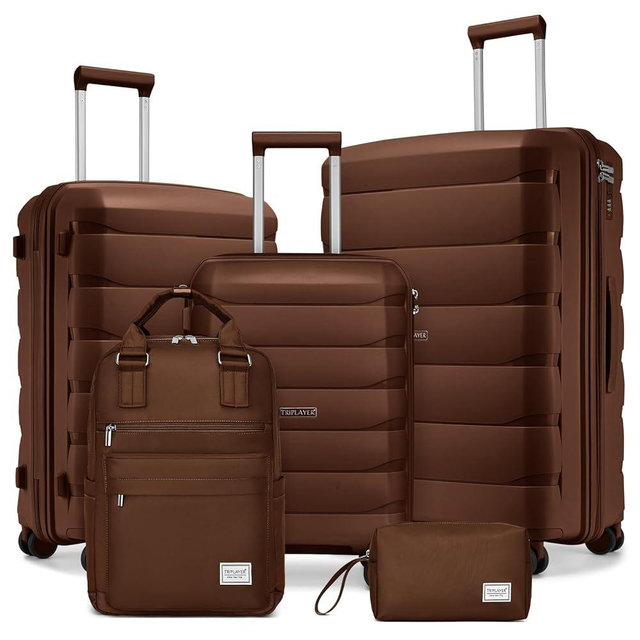 TRIPLAYER Luggage Sets 5 Pieces, Suitcase Set with Spinner Wheels, 3 Piece Luggage Set with Backpack (28/24/20inch Mocha)