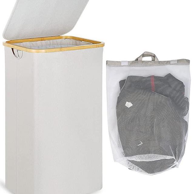 efluky Large Laundry Basket with Lid, 100L Tall Laundry Basket with Bamboo Handles for Clothes and Toys Storage, Freestanding Collapsible Laundry Hamper with Inner Bag for Bedroom and Bathroom, Beige