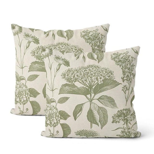 DAFENA Sage Green Pillow Covers 18x18 Inch 2 Pcs Boho Vintage Floral Decor Throw Pillows Hydrangea Flower Seasonal Outdoor Farmhouse Neutral Accent Decoration Pillowcase Linen Cushion Cover for Sofa