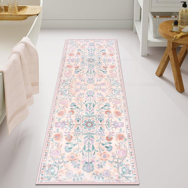 Uphome Long Bathroom Rug Pink Boho Bathroom Rugs Vintage Soft Luxury Non Slip Bath Mat Machine Washable Cute Floral Bath Runner Rug for Floor Entryway Bedroom, 20x60 inch