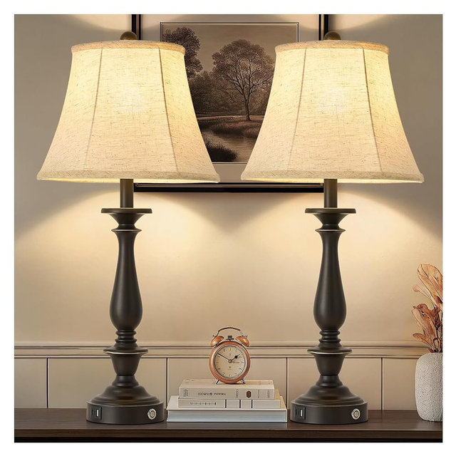 AIDENOEY 28.5" Traditional Table Lamp Set of 2, Rustic Farmhouse Table Lamps for Living Room Bedroom, Bedside Desk Lamps Vintage Nightstand Lamps with Silk Fabric Shades, Oil Rubbed Bronze