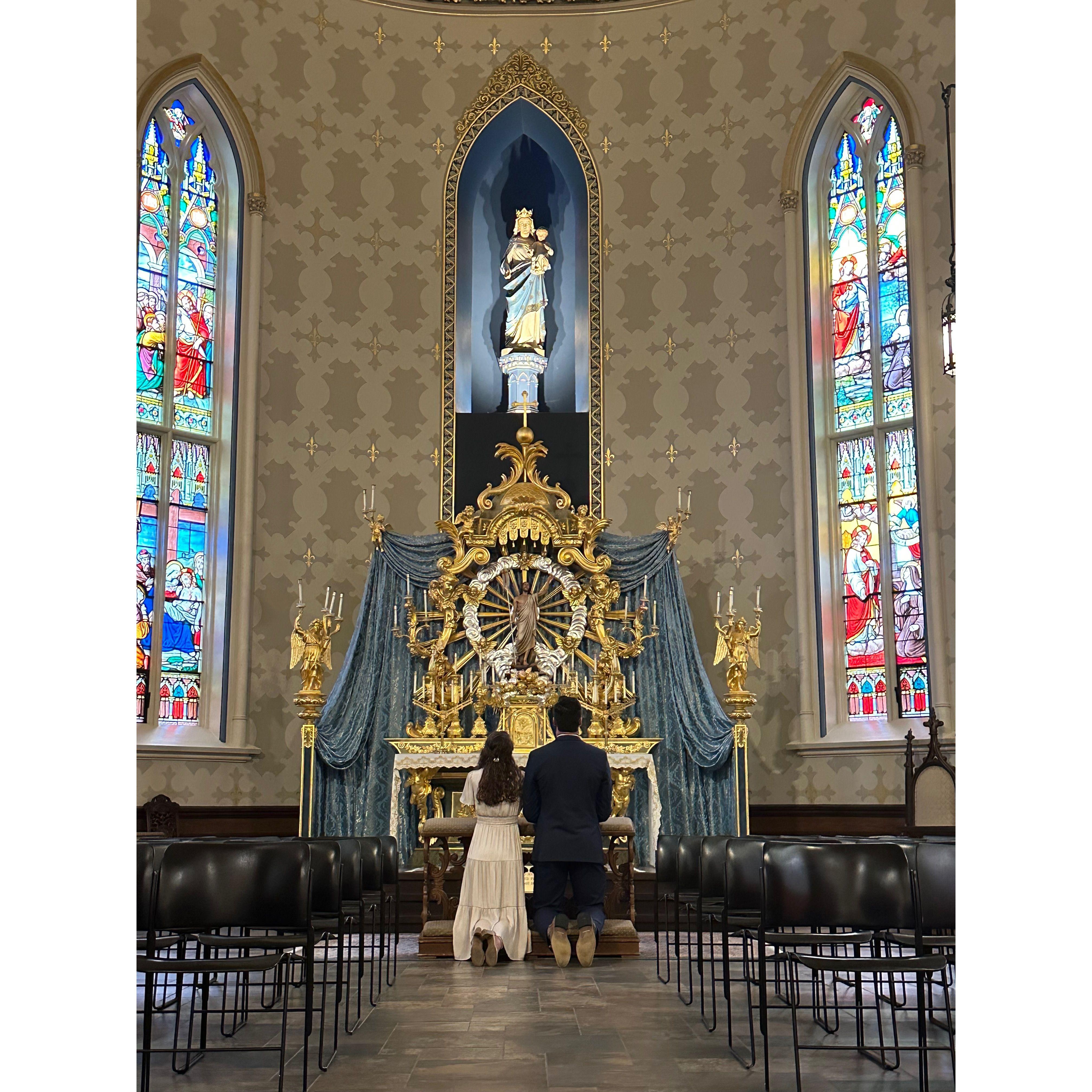 Offering flowers to Mary, thanking her for all she has done for us in our relationship, and consecrating ourselves and our engagement to her.