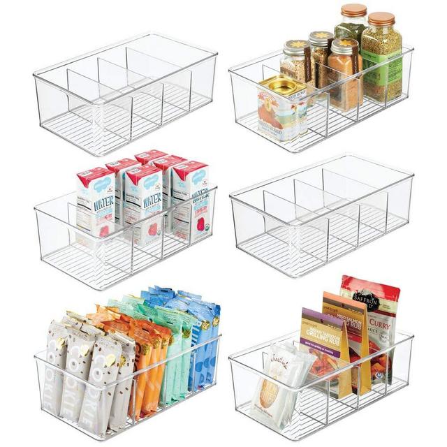 mDesign Plastic Food Storage Organizer Bin Box - 4 Divided Sections - Holder for Seasoning Packets, Pouches, Soups, Spices, Snacks for Kitchen, Pantry, Cabinet, Refrigerator - 6 Pack - Clear