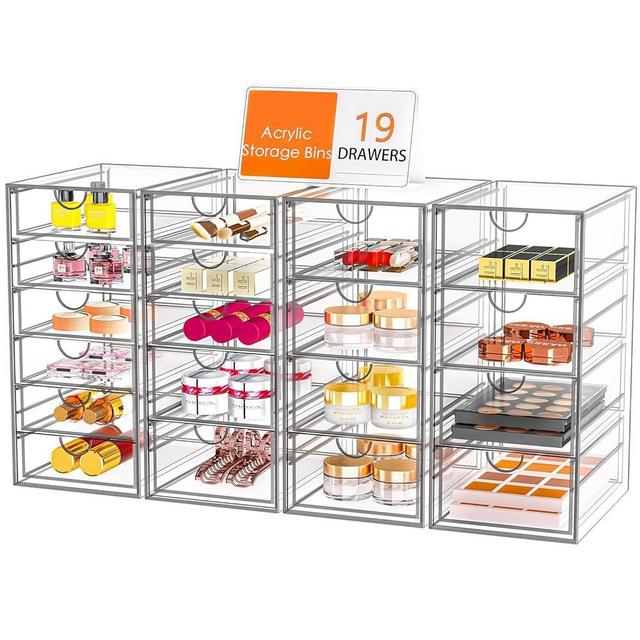 YFXCVSL Acrylic Makeup Organizer with 19 Drawers, 4 Pack Clear Storage Drawers, Bathroom Makeup Organizer for Palettes, Cosmetic, and Beauty Supplies,Ideal for Vanity, Cabinet,Desk Organization