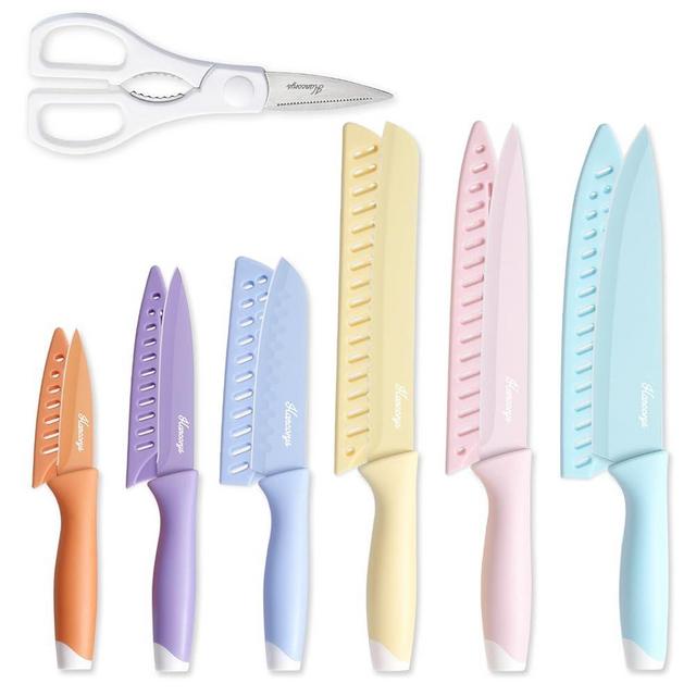 Hancorys Colorful Knife Set, 13 Pieces Kitchen Knives Set with Nonstick Ceramic Anti-Rust Coating, Chef Knife Sets with 6 Blade Guards, Dishwasher Safe, Gifts Knife Set for Women