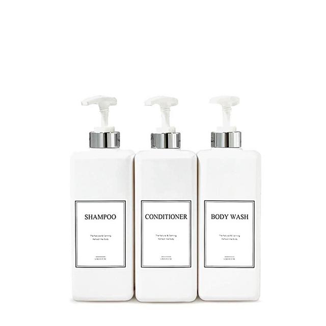 CNC 27.05 oz Pump Bottle of The Bathroom, 4 Waterproof Label Sticker, Pack of 3 Shower Plastic Bottles, Soap Dispenser (Silver-White)