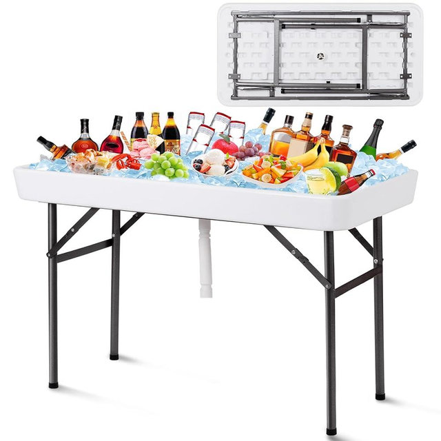 S AFSTAR 4 Foot Ice Tables for Parties with Drain, Folding Ice Cooler Table Outdoor with Removable Skirt, Portable Fill and Chill Table for Drinks Beverages, Party Ice Bin Table for BBQ Wedding