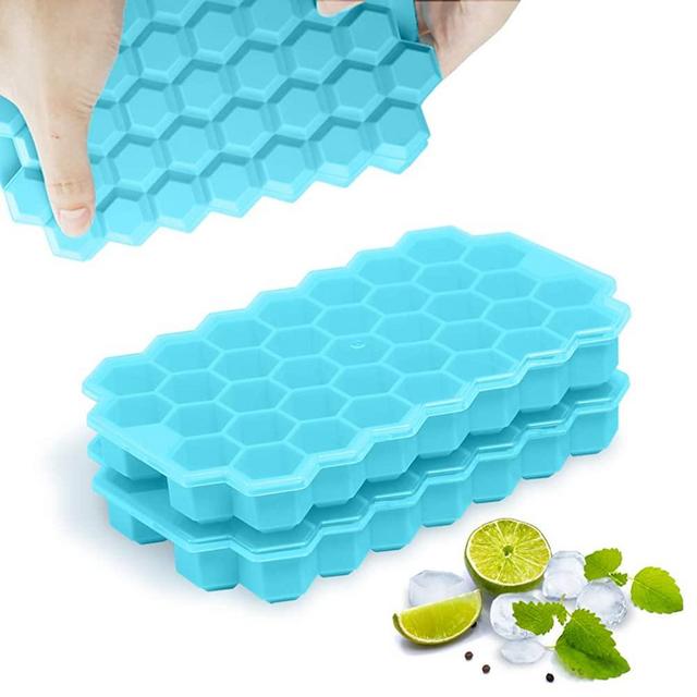 TINANA Ice Cube Trays 2 pack, Upgrade 74 Cavity Ice Cube Maker, Stackable Silicone Ice Trays Maker with Lid, Easy Release Hexagon Ice Cube Tray for Whiskey, Cocktail, Bourbon & Chilled Drinks (blue)