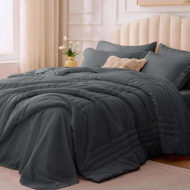 Velorose Queen Comforter Set Dark Grey - Bed in a Bag Queen Size 7 Pieces, Soft Bedding Set for All Seasons, Premium Queen Comforter Set with Comforter, Sheets, Pillowcases & Shams