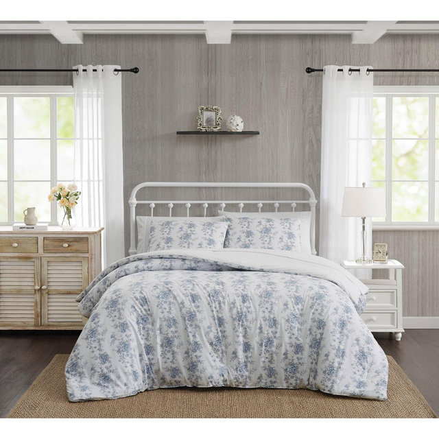 The Farmhouse 3pc Full/Queen By Rachel Ashwell British Rose Comforter Set White/Blue: Percale, Machine Washable