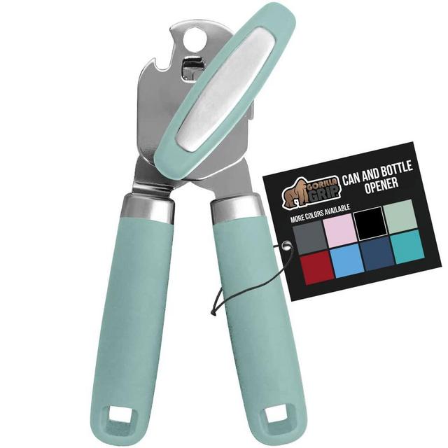 Gorilla Grip Manual Handheld Strong Can Opener, Sharp Cutting Wheel for Smooth Edge Cut, Comfortable Soft Handle, Oversized Easy to Use Turn Knob, Includes Built in Bottle Opener, Mint