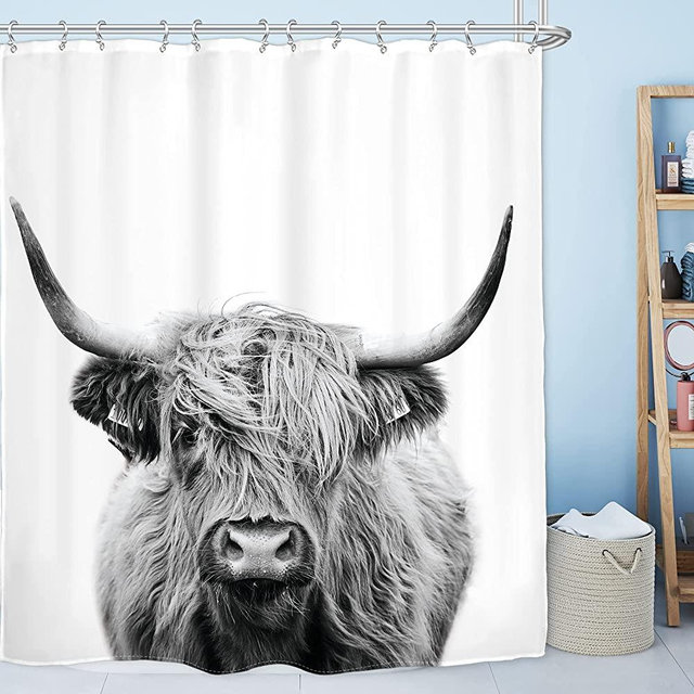 AMBZEK Farmhouse Cow Shower Curtain 60Wx72L Inch Rustic Bull Western Highland Cow Portrait Cattle Country Restroom Accessories Funny Cute Primitive Grey White Fabric Bathroom Decor Set with 12 Hooks