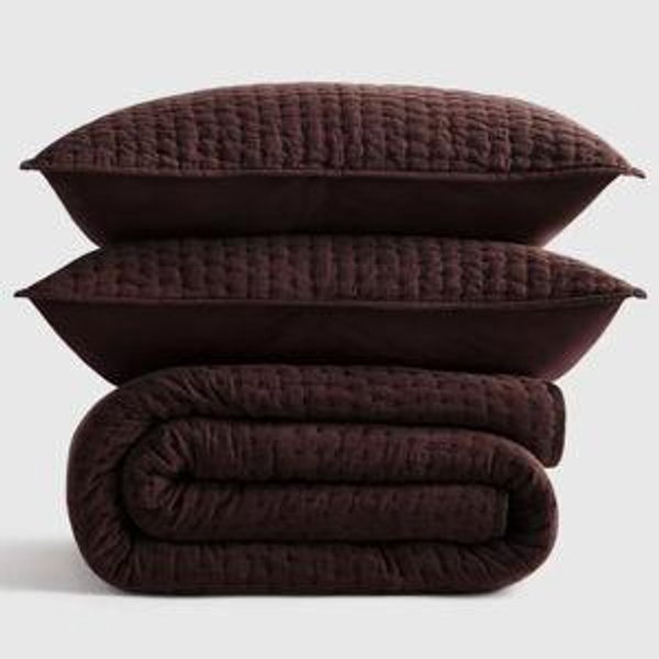 European Linen Cotton Stitch Quilt Set - Espresso, Full/Queen