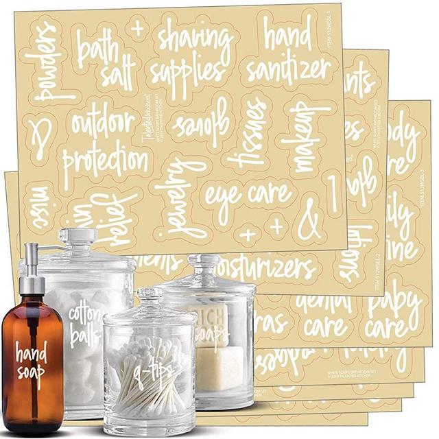 White Script Bathroom Labels Talented Kitchen Script Bathroom Organization Labels – 123 White Bath, Beauty & Makeup Preprinted Stickers. Water Resistant Decals (Set of 123 – White Script Bathroom)