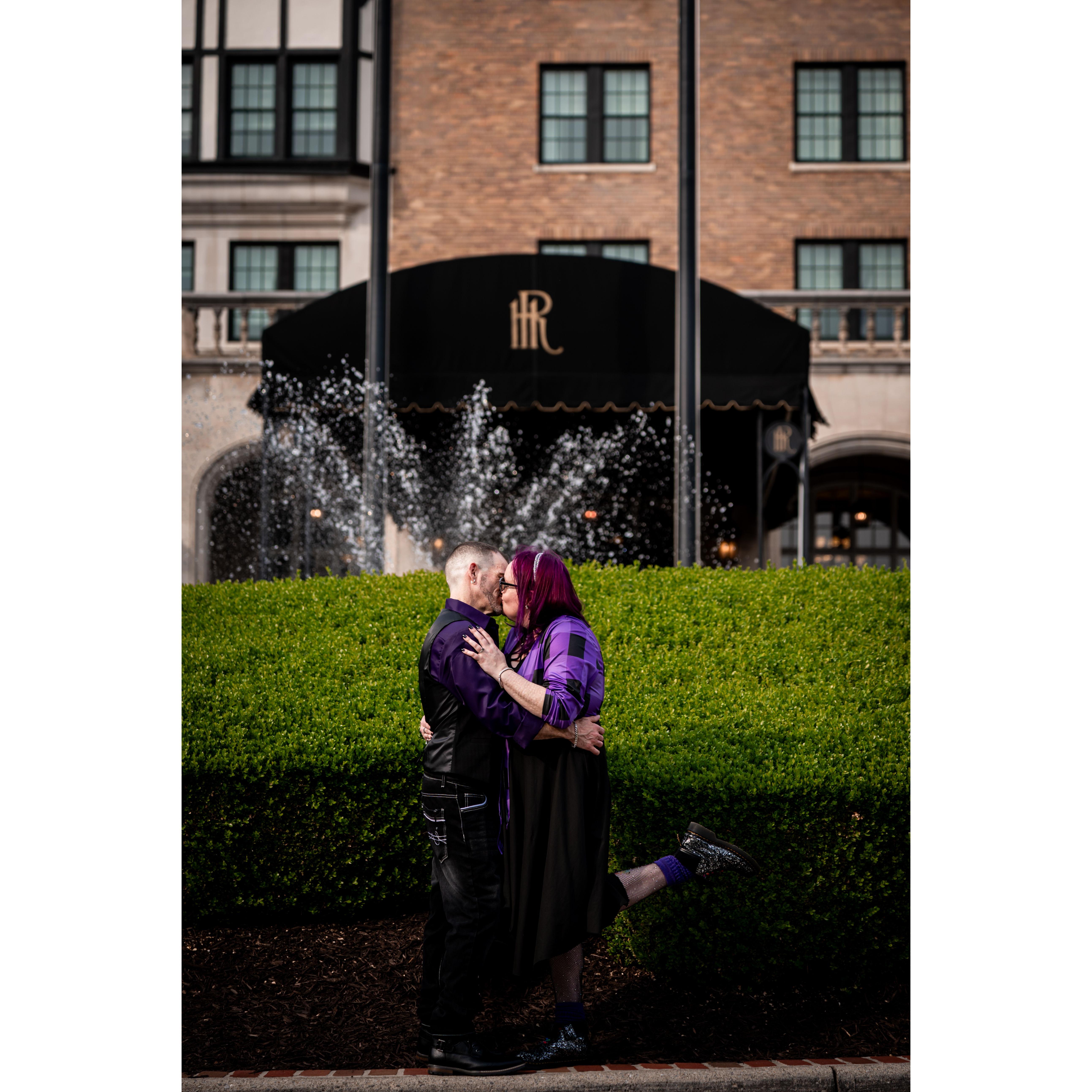 A kiss in front of where we will be wed, including foot pop.