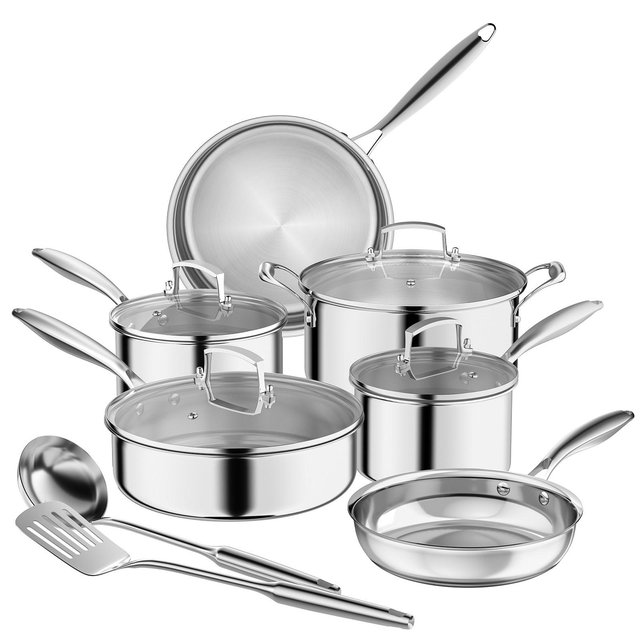SUGIFT 12-Piece Stainless Steel Cookware Set with Glass Lids, Nonstick Ceramic Coating, Induction & Dishwasher Safe