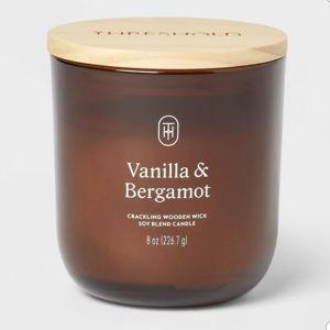 Amber Glass Wooden Wick Vanilla and Bergamot Jar Candle 8oz - Threshold™