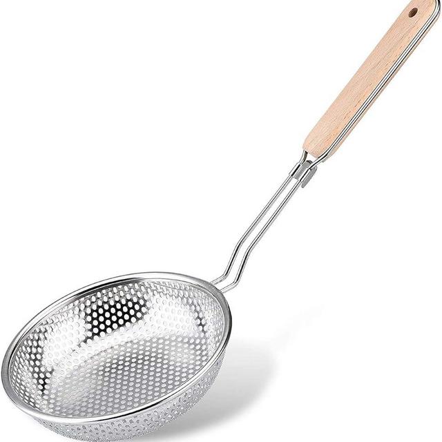 TENTA TENTA KITCHEN Stainless Steel Micro-Perforated Skimmer Strainer,Pasta Noodle Net Basket with Wooden Handle(25 Ounce)