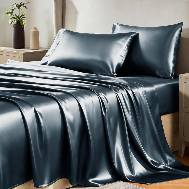 CozyLux Satin Sheets Queen Size Bed Set - 4 Piece Silky Queen Sheet Set, Luxury Steel Blue Queen Sheets with Smooth and Soft Microfiber, Includes 1 Fitted Sheet, 1 Flat Sheet and 2 Pillowcases