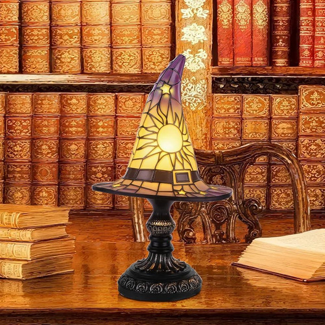 Vintage Gothic Witch Hat Night Light – Stained Glass LED Lamp, Spooky Halloween Decor, Indoor & Outdoor Witchcraft Gift, Unique Halloween Party Decorations Lighting, Halloween Witch Hat Lamp Purple