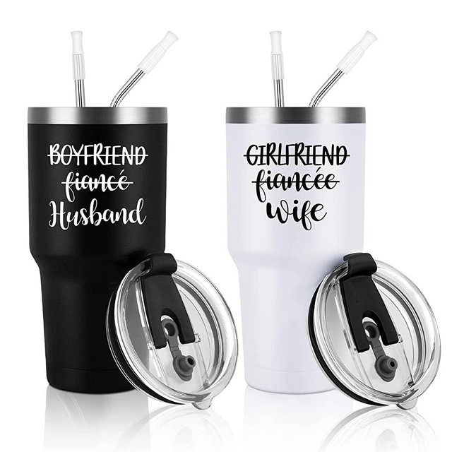 Gtmileo Husband and Wife Stainless Steel Insulated Travel Tumbler Set, Wedding Engagement Anniversary Bridal Shower Gifts for Couple Bride Groom Mr Mrs Newlyweds, His and Hers Gifts(30oz, Black&White)