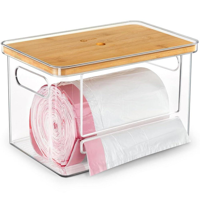 COZYCRAZE Stackable Trash Bag Dispenser with Bamboo Top – Extra-Large Garbage Bag Holder with Anti-Slip Base, Trash bag Dispenser Under Sink for Kitchen, Pantry and Laundry Room Organization