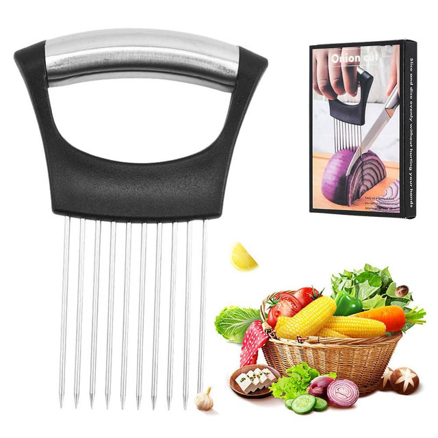 Onion Holder for Slicing, Upgrade Stainless Steel Onion Slicer Holder Cutter, Lemon Slicer Vegetable Cutter, Chopper Slicing Assistant Tool for Meat, Potato, Tomato Kitchen Tools (1)