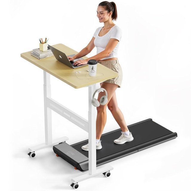 WALKINGDESK Mobile Walking Pad Desk with Wheels, Pneumatic Small Rolling Standing Desk Riser Height Adjustable (28-43.7") for Treadmill, Portable Computer Table for Home Office, Oak