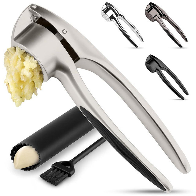 Zulay Kitchen Premium Garlic Press Set – Rust Proof & Dishwasher Safe Garlic Mincer Tool with Silicone Garlic Peeler & Brush, Easy Squeeze & Clean, Ergonomic Soft Grip Handle - Medium – Chrome