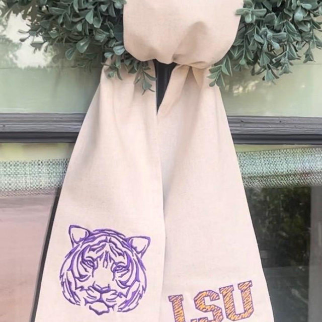 Embroidered LSU Wreath Sash: Linen Blend Door Decor