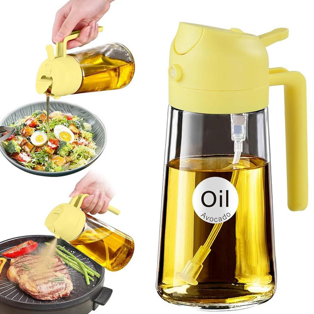 YARRAMATE 16oz/470ml Glass Olive Oil Sprayer for Cooking with Stickers, 2 in 1 Oil Dispenser for Kitchen Gadgets, Food Grade Premium Spray Bottle for Salad, Frying, BBQ (Pomelo)