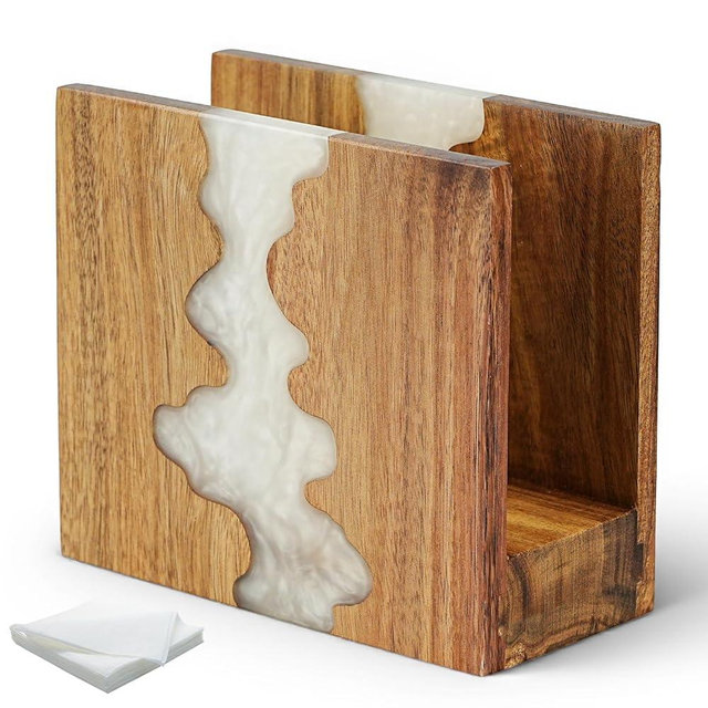 Acacia Wood Napkin Holder for table, Handmade Epoxy Resin Tissue Box Holder with Unique Wave Design & 3CM Sturdy Base for Kitchen Table, Dining Room Decor,counter tops or outdoors