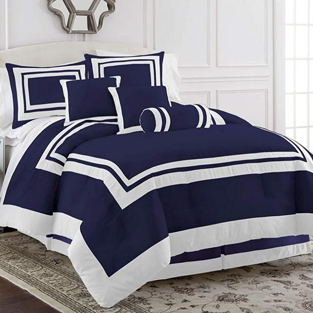 Chezmoi Collection 7 Pieces Caprice Navy/White Square Pattern Hotel Bedding Comforter Set (Queen, Navy/White)