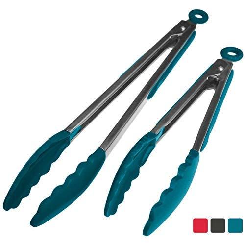 StarPack Premium Silicone Kitchen Tongs (9-Inch & 12-Inch) - Stainless Steel with Non-Stick Silicone Tips, High Heat Resistant to 600°F, For Cooking, Serving, Grill, BBQ & Salad (Teal Blue)